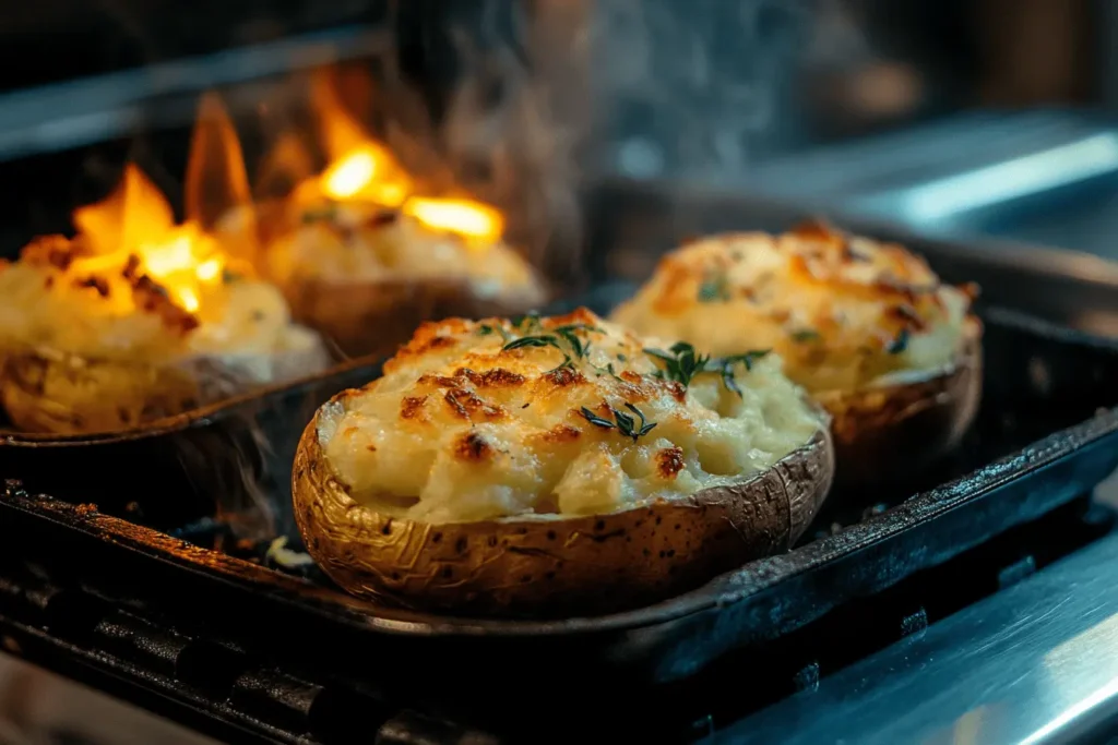 What temperature do you heat twice baked potatoes?