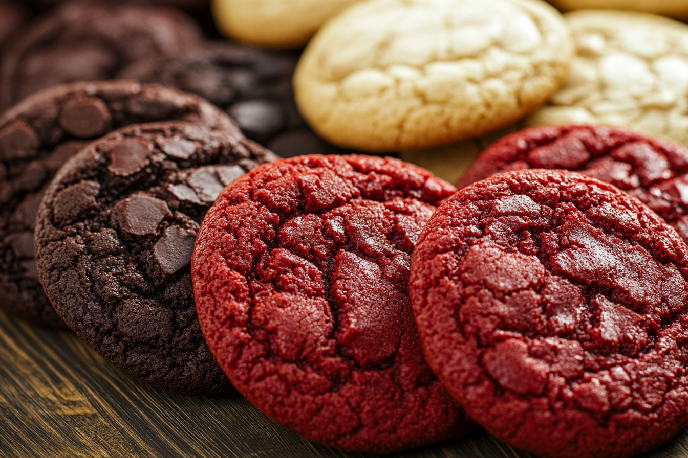 Difference between chocolate and red velvet cookies on a dessert table